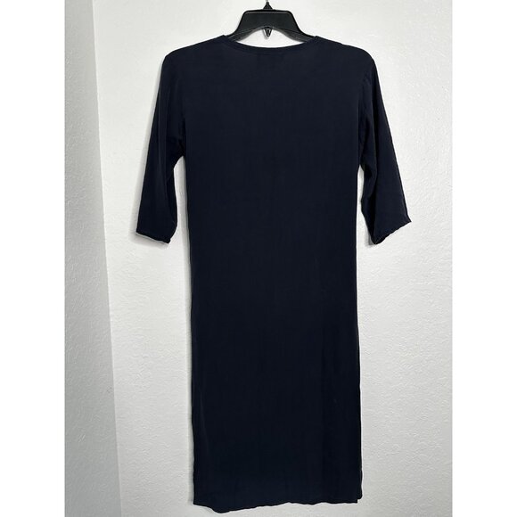 Theory Navy B Dorotea Ranmire Women Draped Tie Midi Silk Dress 3/4 sleeve Sz 2 - Picture 2 of 6